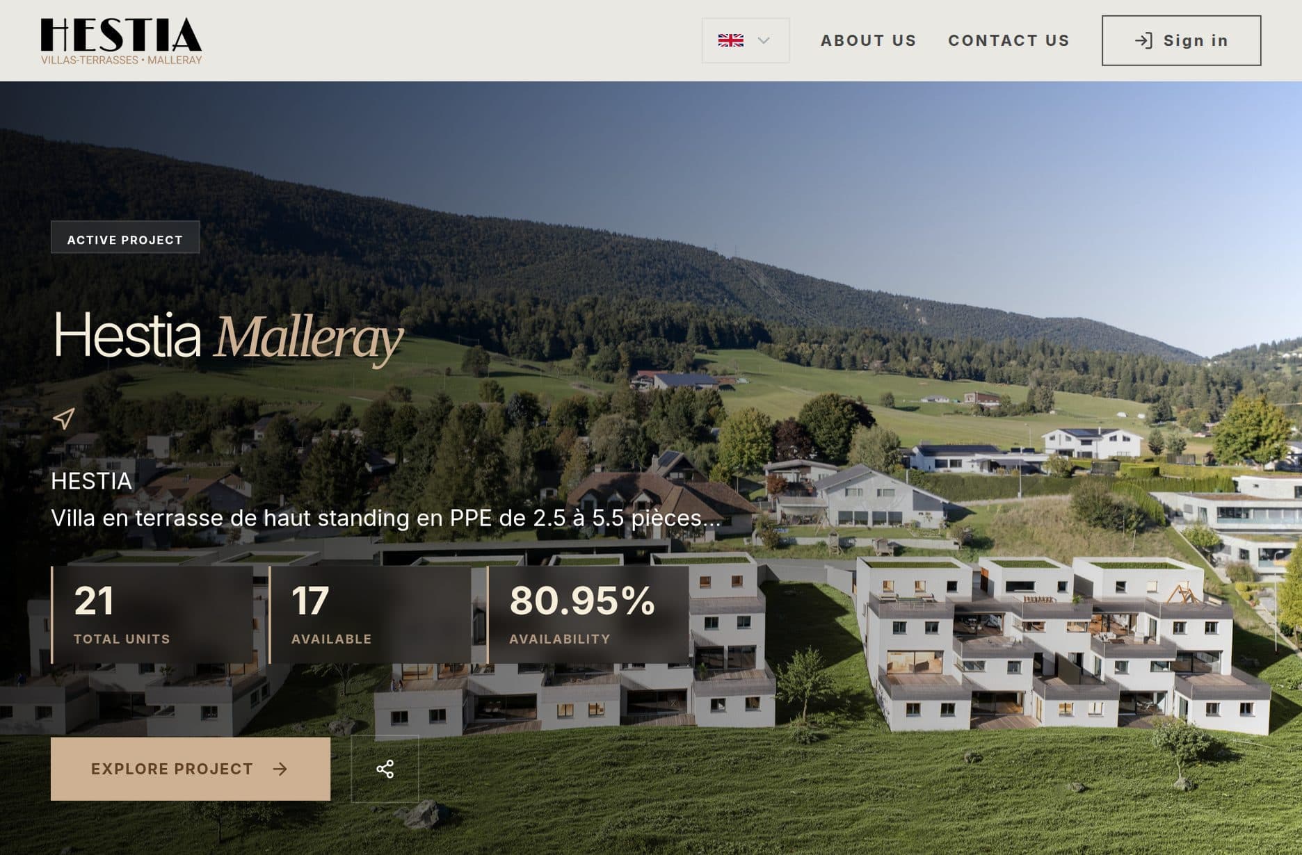 Hestia Malleray project page on SelectSee, showing total units and live availability over a photo of the villas