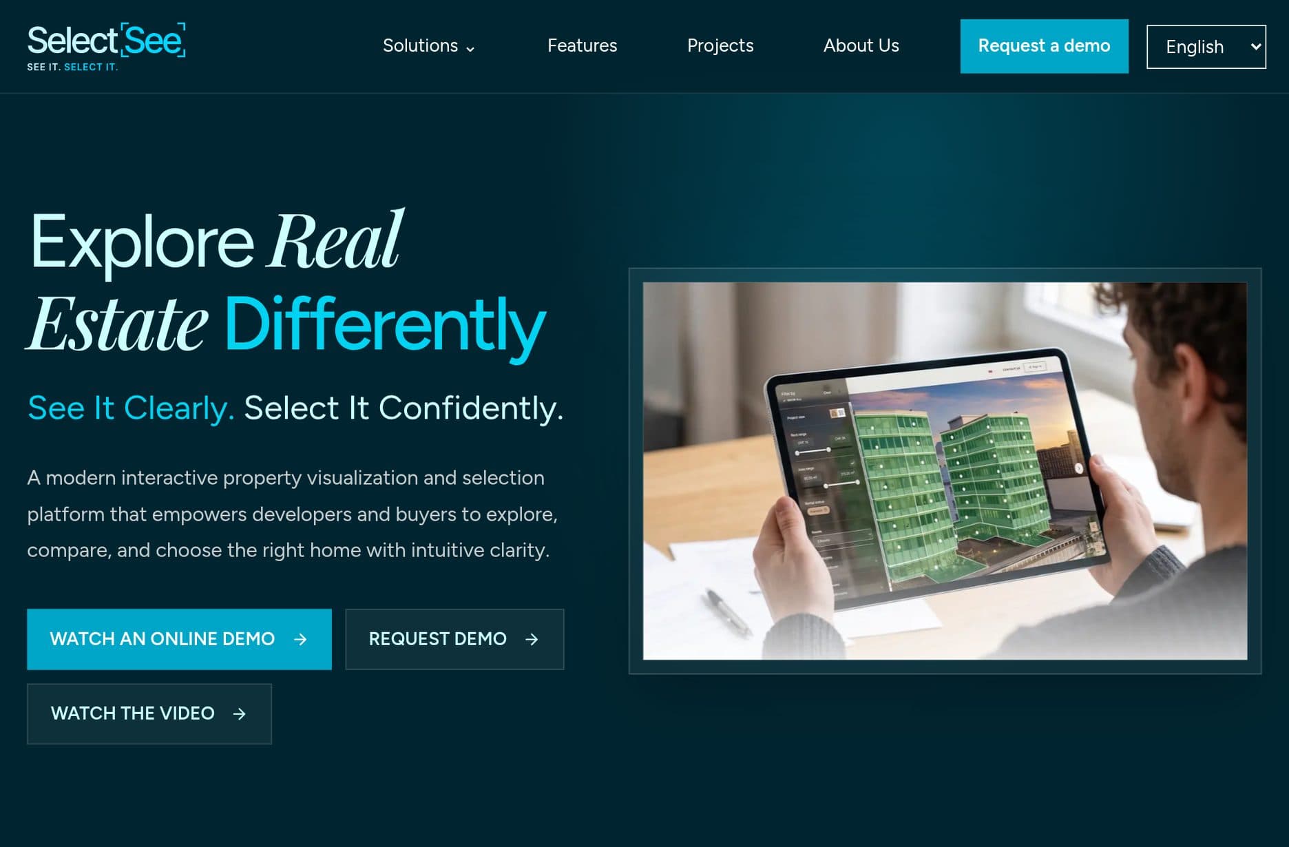 SelectSee website homepage with demo buttons and a tablet showing the unit selector